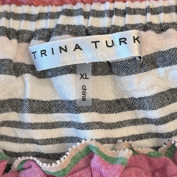 Trina Turk Coastal Linen Blend Blue and White Striped Blouse with Ruffle Size XL - Picture 3 of 5
